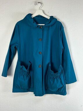 XIAO Womens Teal Button-Up Jacket L/XL Ruffle Collar Elastic Pockets Lightweight